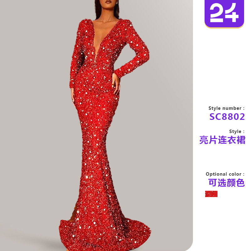 Women's fishtail edge red sequin long sleeved V-neck dress
