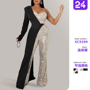 Women collar sequin jumpsuit女银亮片单肩亮片连体衣 standing