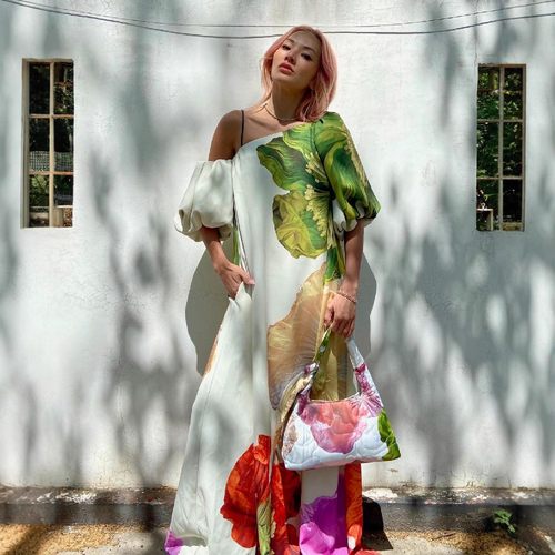 Women's diagonal shoulder printed dress斜肩定位印花连衣裙女