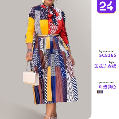 Women's African print bow mid length dress连衣裙非洲蝴蝶结女