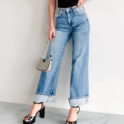 Women straight leg wide leg rolled denim pants女阔腿牛仔长裤