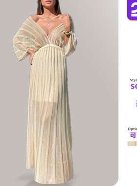 Women's white V-neck shawl sleeve dress女白色v领披肩袖连衣裙