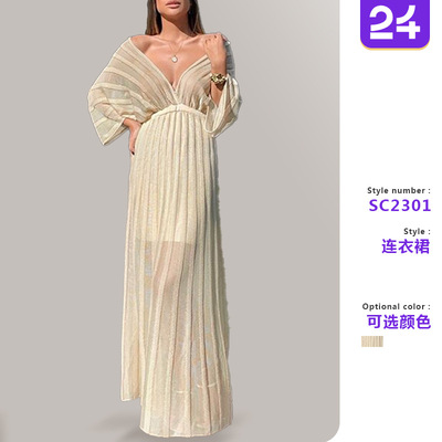 Women's white V-neck shawl sleeve dress女白色v领披肩袖连衣裙