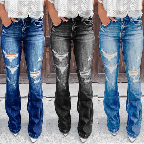 Women's high waisted ripped flared jeans女高腰复古破洞喇叭裤