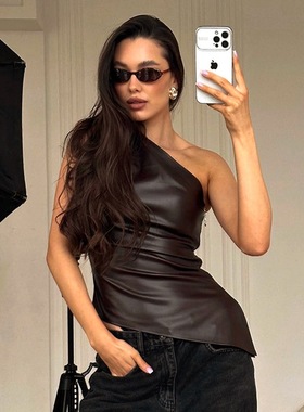 Women's PU leather single shoulder sloping collar vest top女