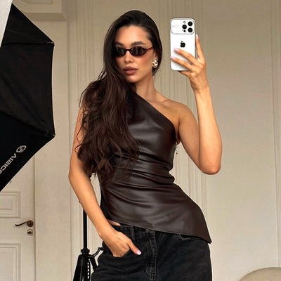 Women's PU leather single shoulder sloping collar vest top女