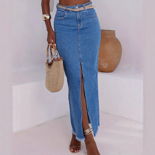 long Women skirt女弹力前开叉牛仔裙 denim slit stretch front