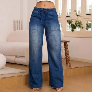 Women's lace up straight leg pants jeans女式系带直筒牛仔长裤