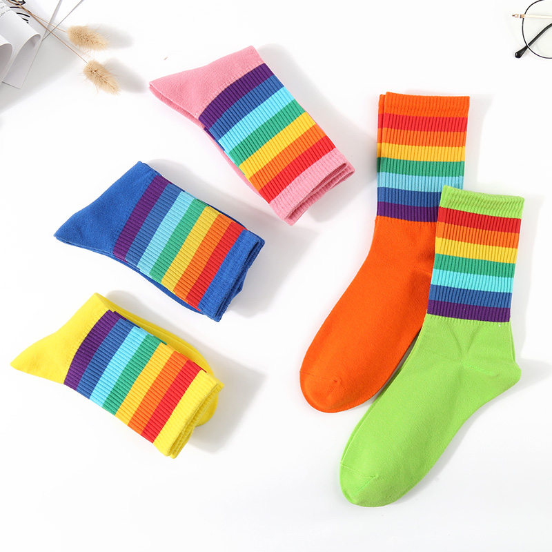 袜子网红彩虹条纹彩色高筒