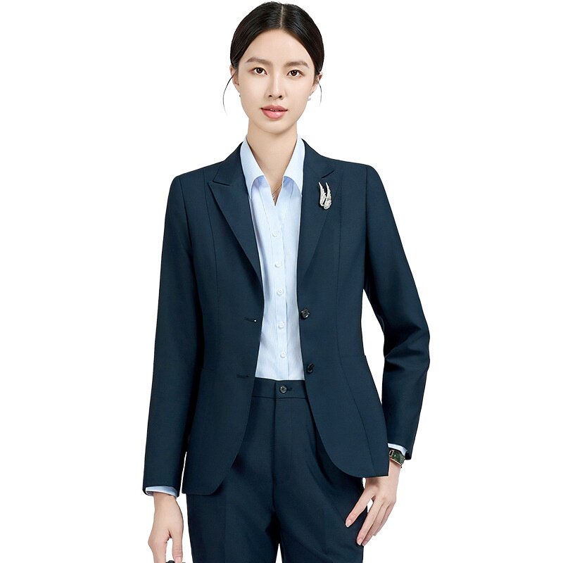 时尚修身藏青色西装女职业西装套装男羊毛西服银行工作服厂家