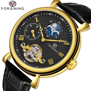 时尚 新款 forsining 欧美风范男士 动机械手表 休闲镂空双时区全
