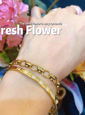 出欧美钛钢18K镀金锆石手镯手链