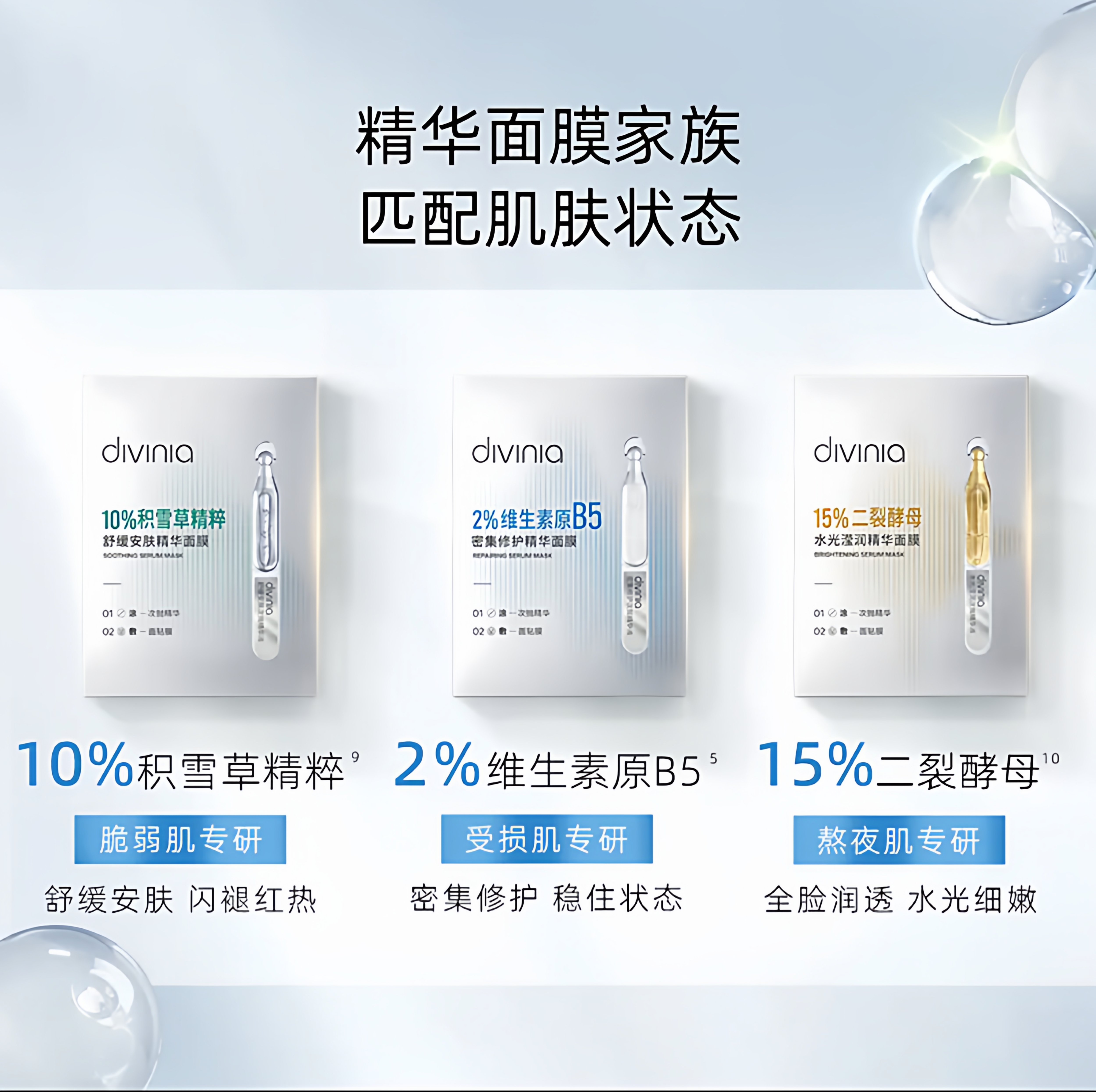 divinia密集修护舒缓安肤水光滢润精华面膜组合积雪草维生素原B5