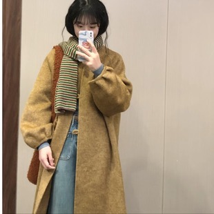 复古秋叶黄双面羊毛大衣2025秋冬季女长款韩版宽松高级感毛呢外套