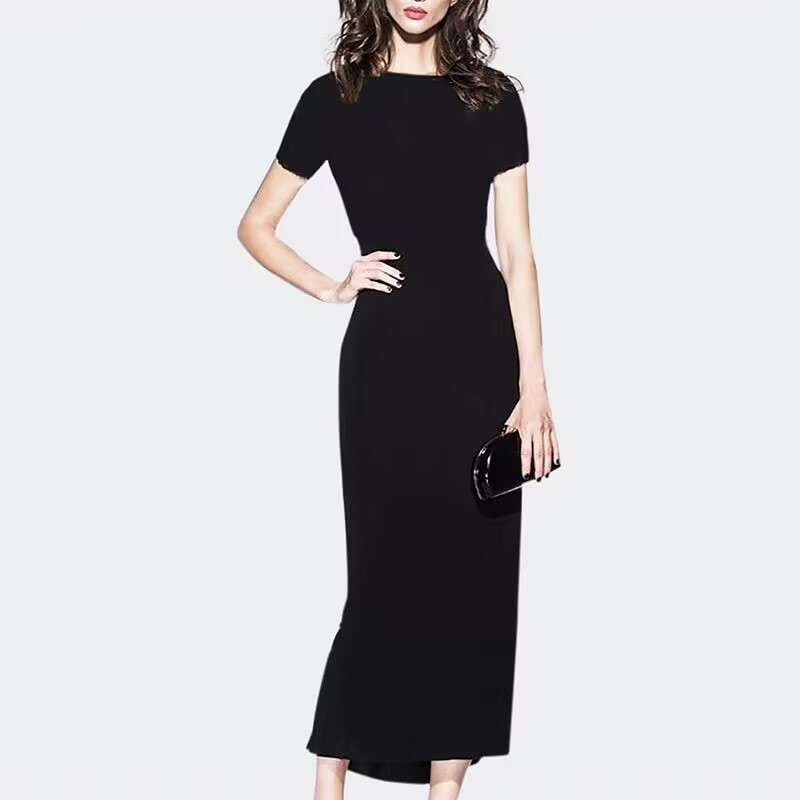 2024夏季新款方领珍珠气质简约褶皱收腰显瘦中长款亮闪连衣裙