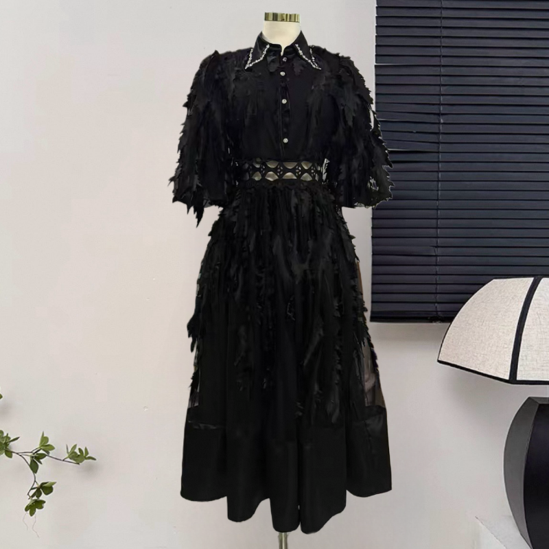 法式轻奢荷叶边蝴蝶结褶皱喇叭袖烫金小香风连衣裙设计感钉