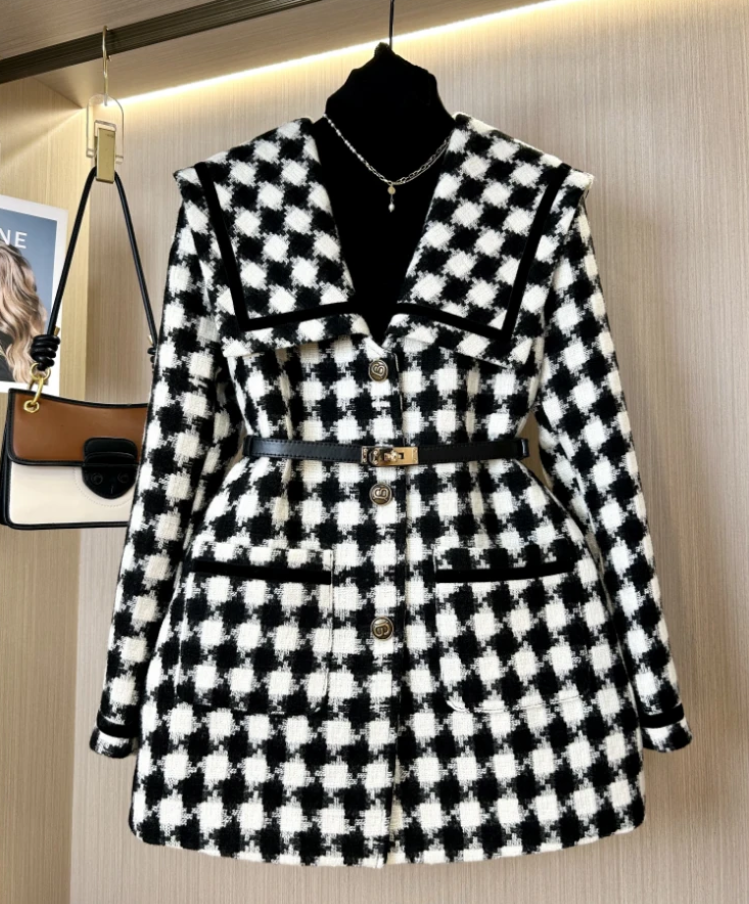 海军领修身黑白西装格双海军领