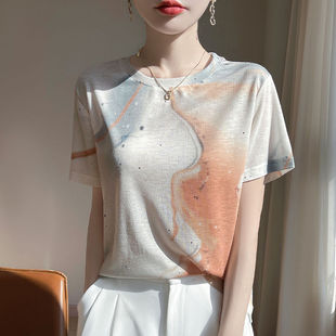 2025春季新款国风水墨印花短袖打底衫女宽松薄款洋气减龄T恤内搭