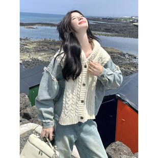 白色针织连帽牛仔外套女春秋2025新款韩系软糯时尚设计感短款上衣