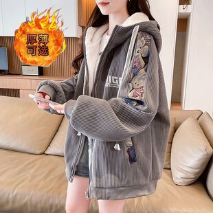 小清新冬季加绒加厚羊羔毛绒外套棉服女学生港风减龄国潮刺绣棉衣