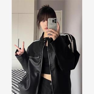 街头学院风机车服PU皮衣外套男女春秋高级感宽松条纹立领皮夹克潮
