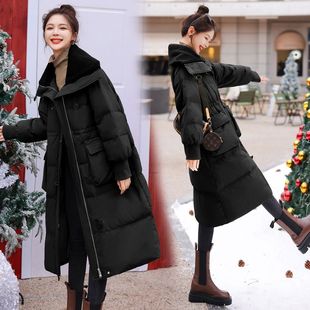 羊羔毛大翻领羽绒棉服女冬季中长款加绒加厚收腰显瘦洋气爆款外套