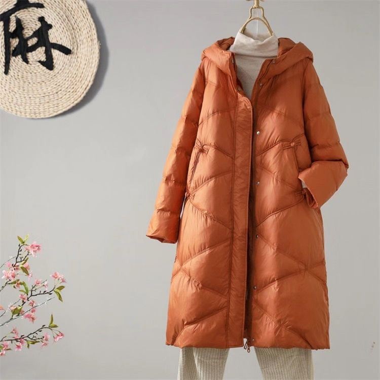冬季新款中长款盘扣羽绒服女2023复古加厚连帽白鸭绒保暖外套宽松