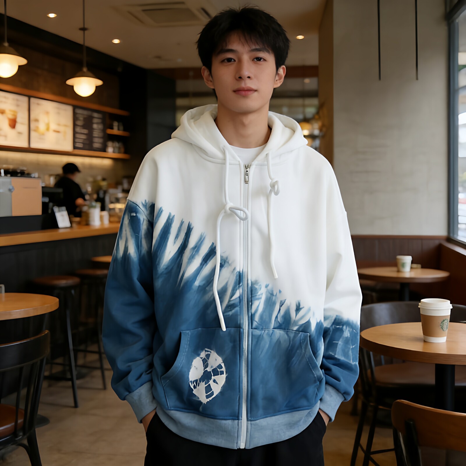 扎染加绒卫衣男款加厚秋冬运动外套青少年拉链宽松开衫连帽上衣男