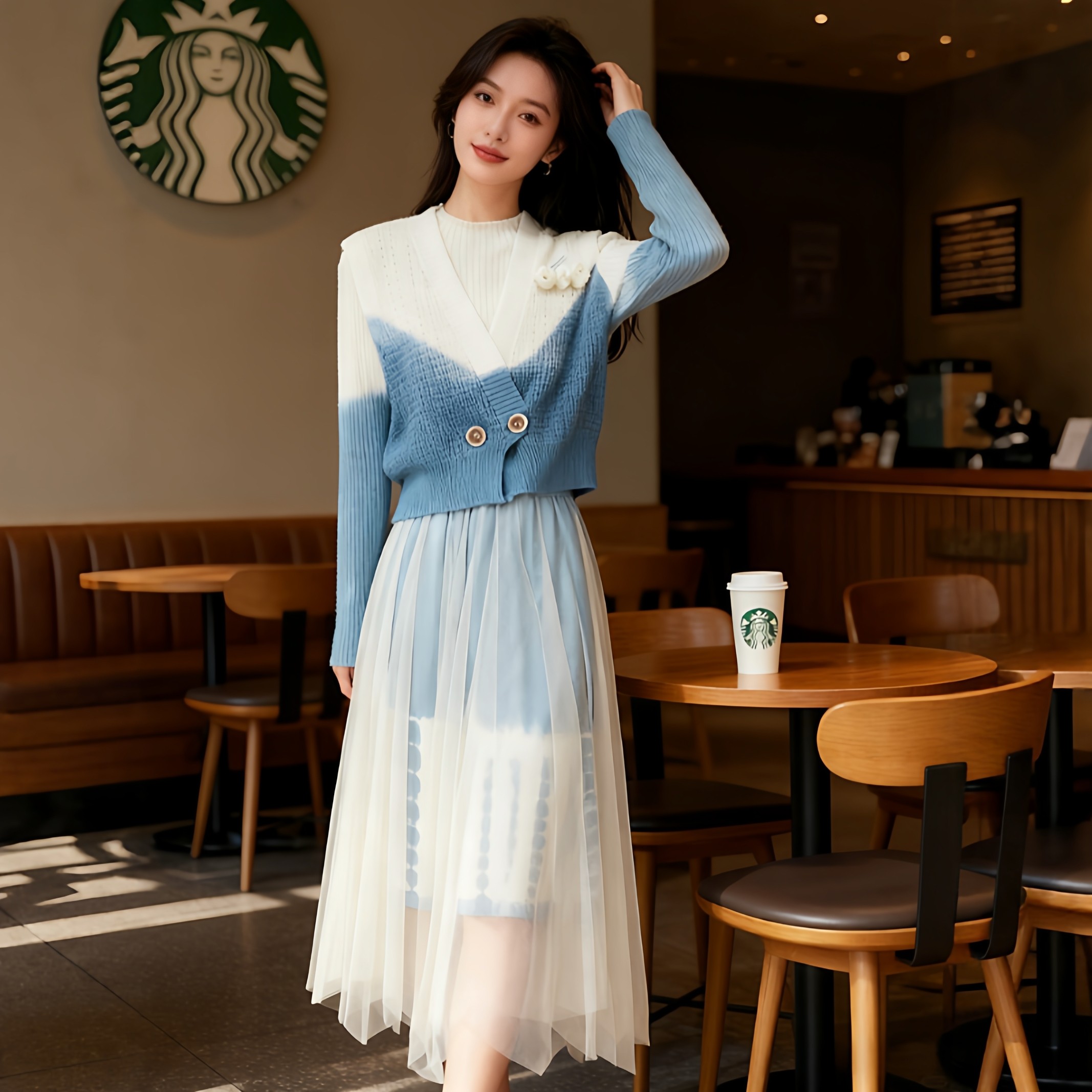 手工扎染针织马甲搭配针织连衣裙两件套女纱裙秋冬新款毛衣套装裙