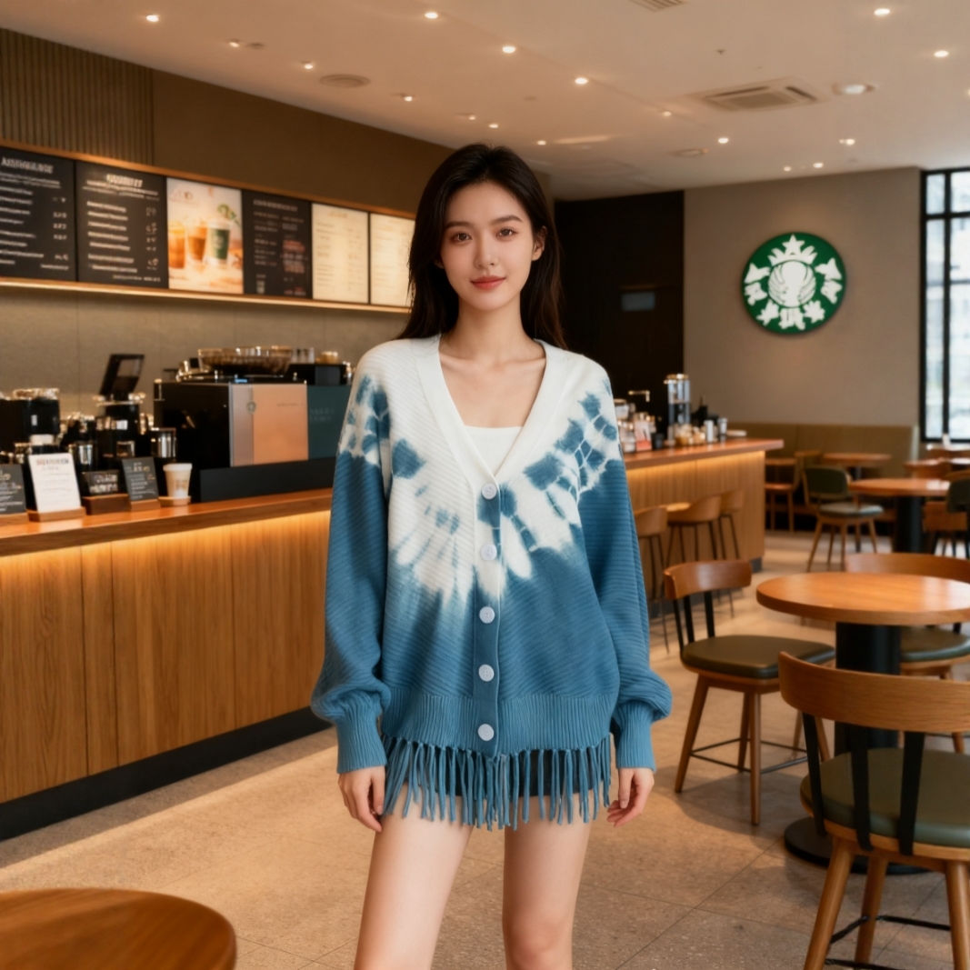 扎染慵懒风针织开衫女秋季毛衣流苏外套中长款外搭针织衫百搭上衣