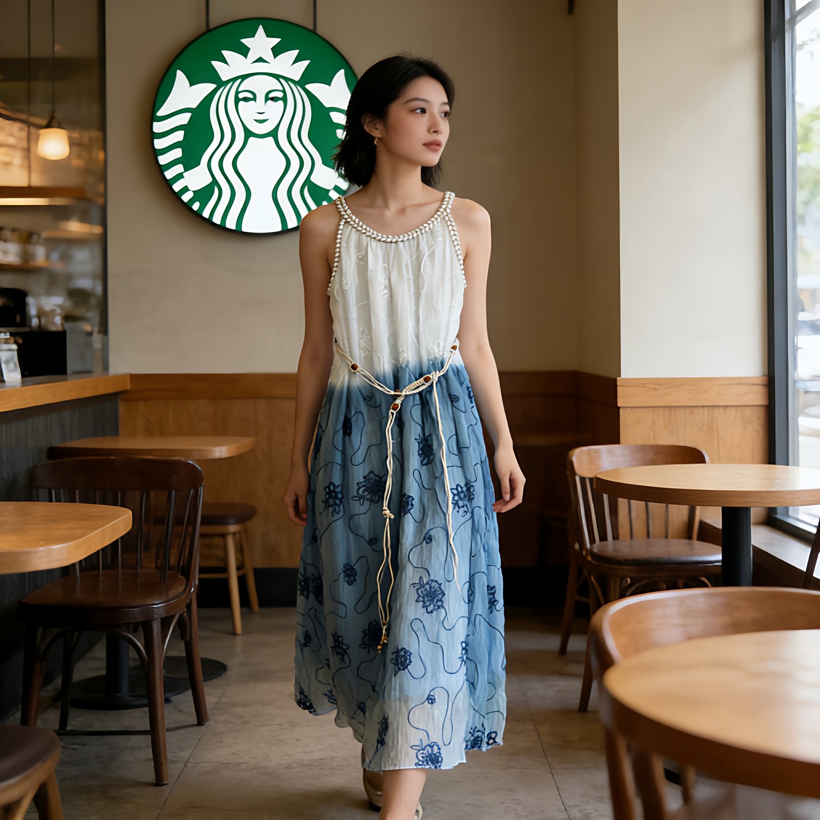 云南大理扎染吊带裙女夏季新款收腰显瘦无袖背心裙海边度假连衣裙