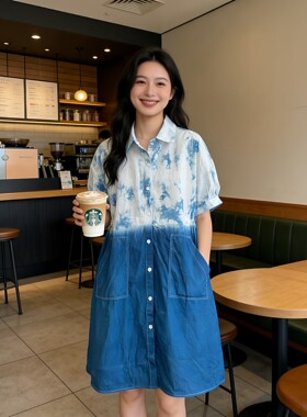 扎染衬衫连衣裙女2026春夏新款韩版收腰长裙衬衣裙中长款气质裙子