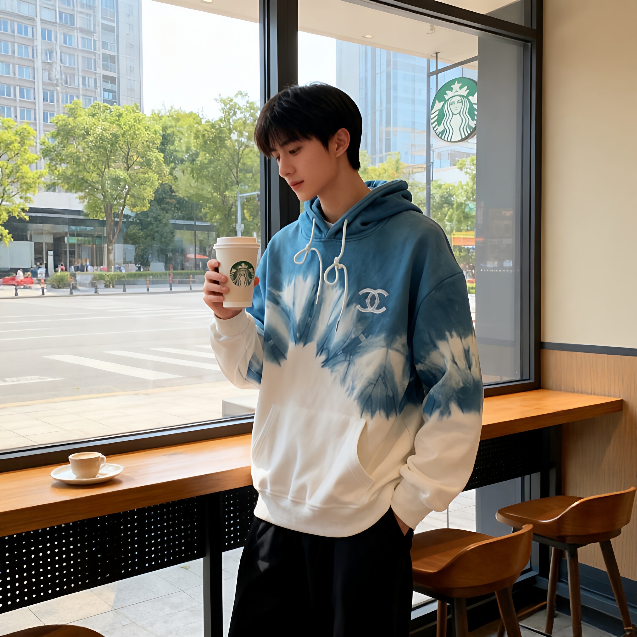 原创扎染秋冬加绒卫衣男款休闲帽衫运动服宽松带帽上衣男保暖外套