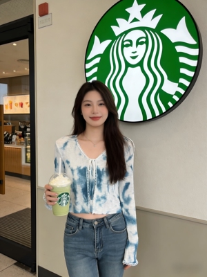 扎染短款外套女夏季薄款针织开衫百搭防晒衣罩衫v领外搭短上衣女