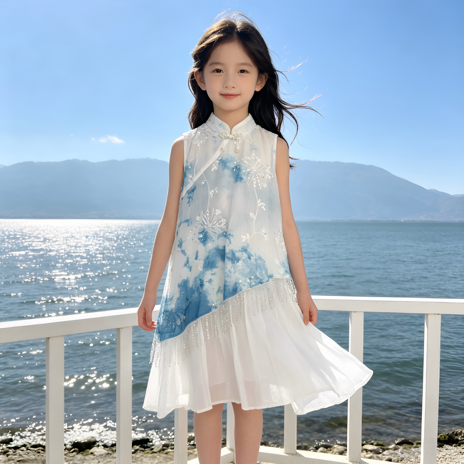 国风小女孩裙子立领盘扣旗袍裙夏季款刺绣流苏童装连衣裙女童长裙图片