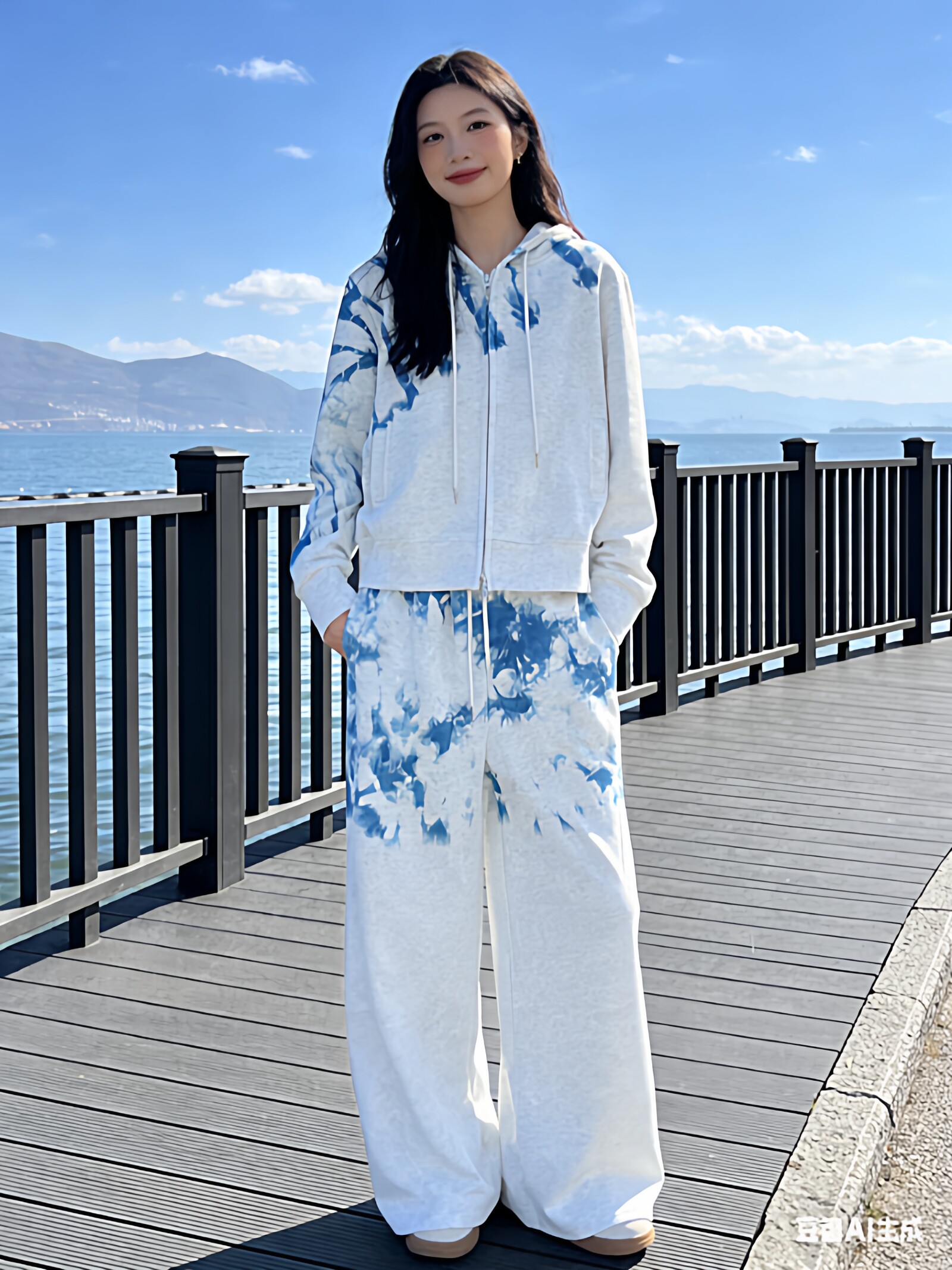 扎染连帽卫衣开衫套装女春秋款2026新款休闲运动服外套长裤两件套