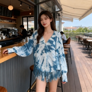 扎染女士针织开衫中长款秋冬渐变色针织衫长袖百搭毛衣流苏外套女