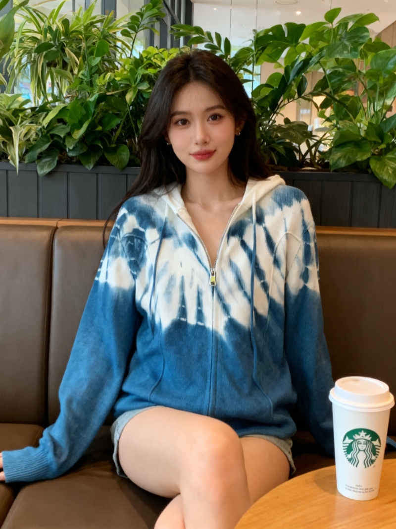 扎染连帽卫衣女蓝白渐变气质开衫春秋潮流显瘦上衣百搭带帽外套女