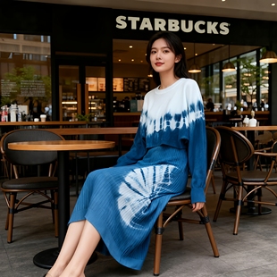 原创设计扎染针织连衣裙两件套裙子秋冬毛衣裙套装 背心裙显瘦长裙