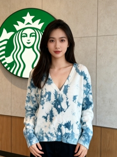 扎染早秋季针织开衫女短款2025新款春秋外搭蓝白色V领毛衣外套女