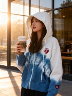 渐变扎染连帽开衫女蓝白撞色秋冬带帽卫衣拉链款时尚百搭上衣外套