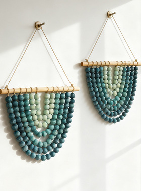 跨境新品蓝色渐变串珠 壁挂北欧风麻绳木珠壁挂家居民宿装饰挂饰