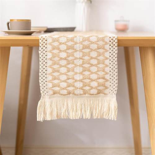 棉麻拼接桌旗拼色流苏长条桌布餐桌装饰布美式乡村农舍装饰布桌旗