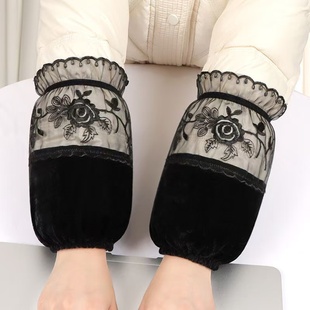 新款秋冬金丝绒短款袖套女士办公防脏袖筒韩版蕾丝拼接羽绒服护袖