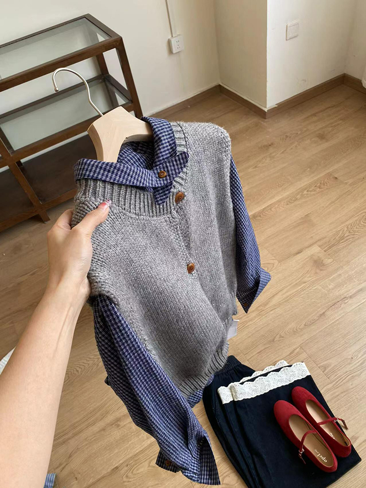 今年流行韩系穿搭蓝色衬衫灰色马甲两件套装女春2025新款整套搭配