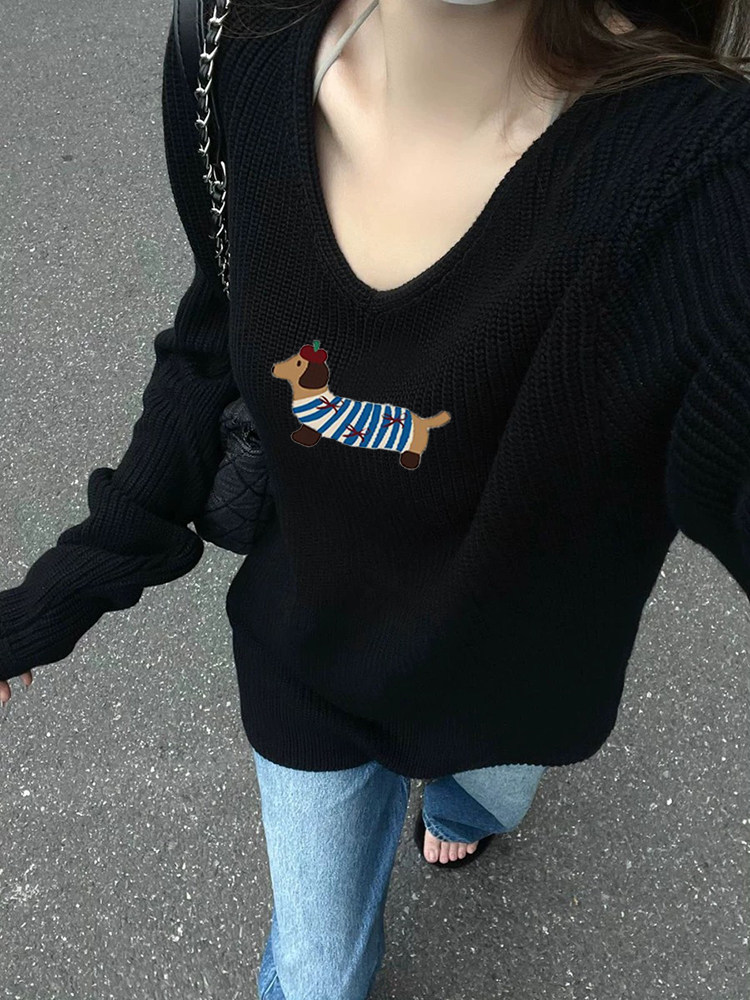 黑色卡通腊肠小狗印花软糯针织衫女春季2025新款洋气减龄V领上衣