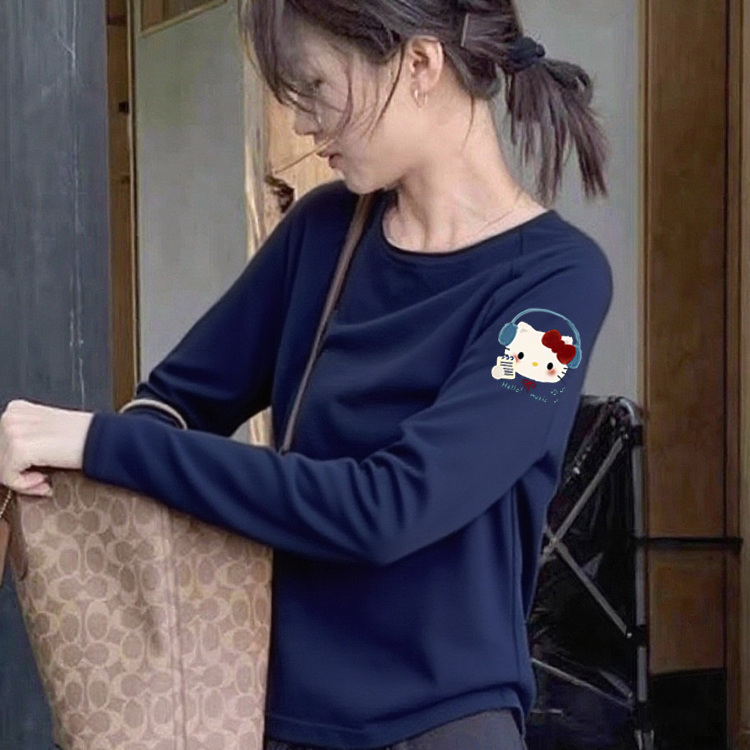 温柔慵懒风藏蓝色耳机喵长袖T恤女2025秋季新款圆领百搭大码上衣