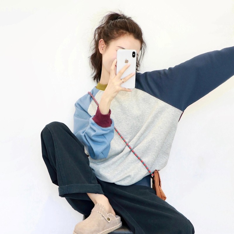 美式复古独特撞色插肩袖慵懒风圆领卫衣女2025春季小众不撞款上衣,女装/女士精品,大码内搭,淘宝优惠券,粉丝福利购,淘宝优惠卷