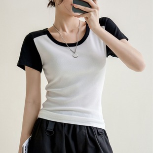 高弹上衣 凉感螺纹撞色圆身棉T恤女2025夏新款