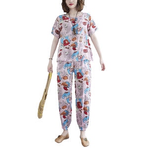 洋气棉绸套装女时尚外穿夏季人造棉睡衣短袖长裤两件套学生家居服